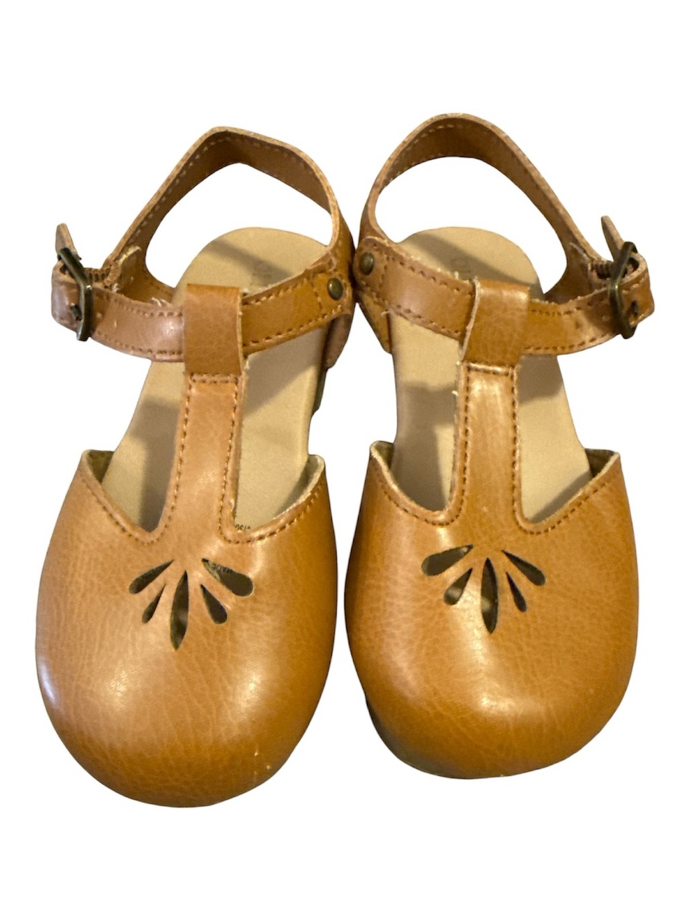 Kids Tan T-Strap Mary Jane Sandals -Tan Clogs With Floral Cut Out